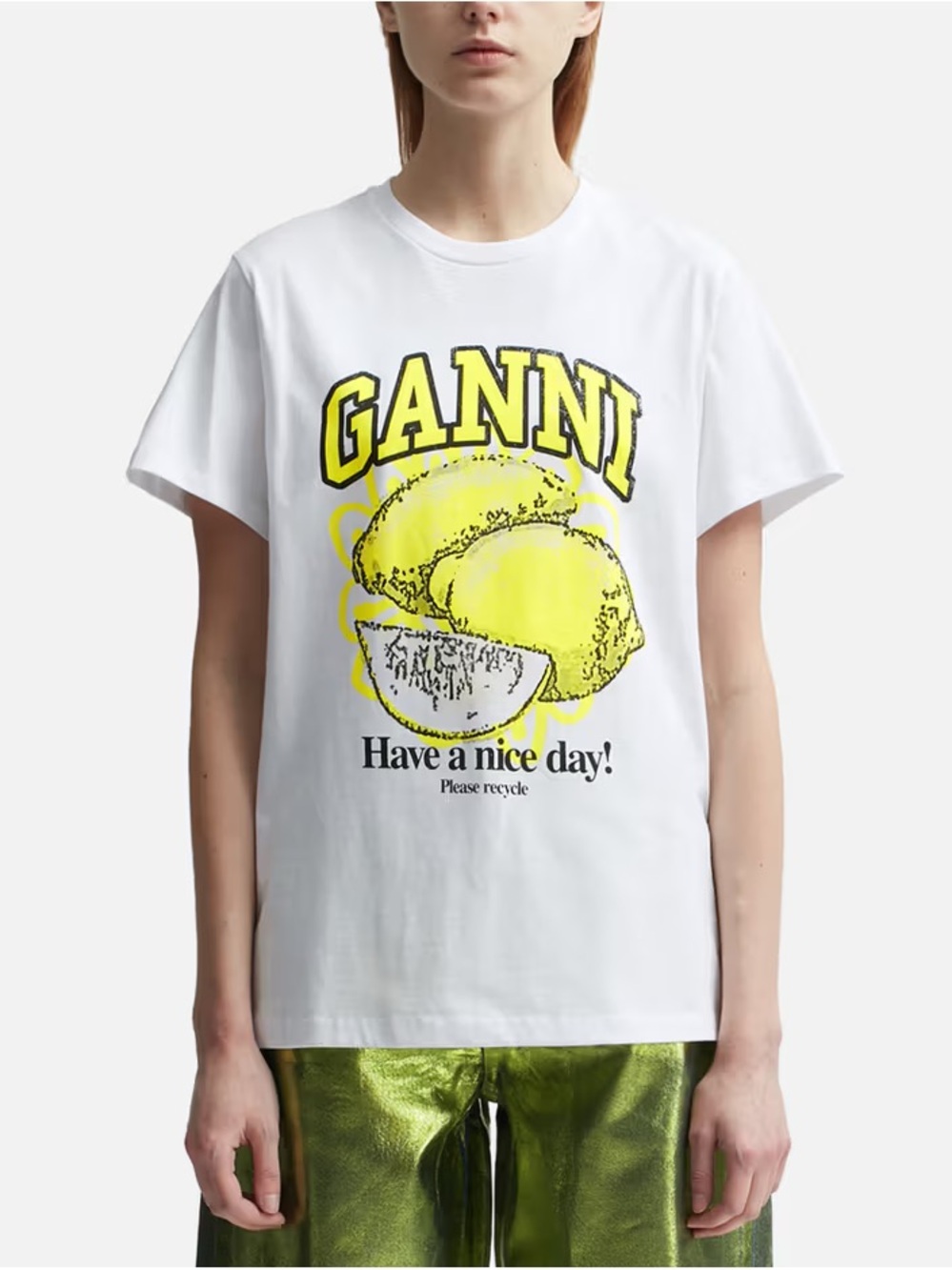 GANNI Relaxed Lemon T-Shirt White US 2XL Good